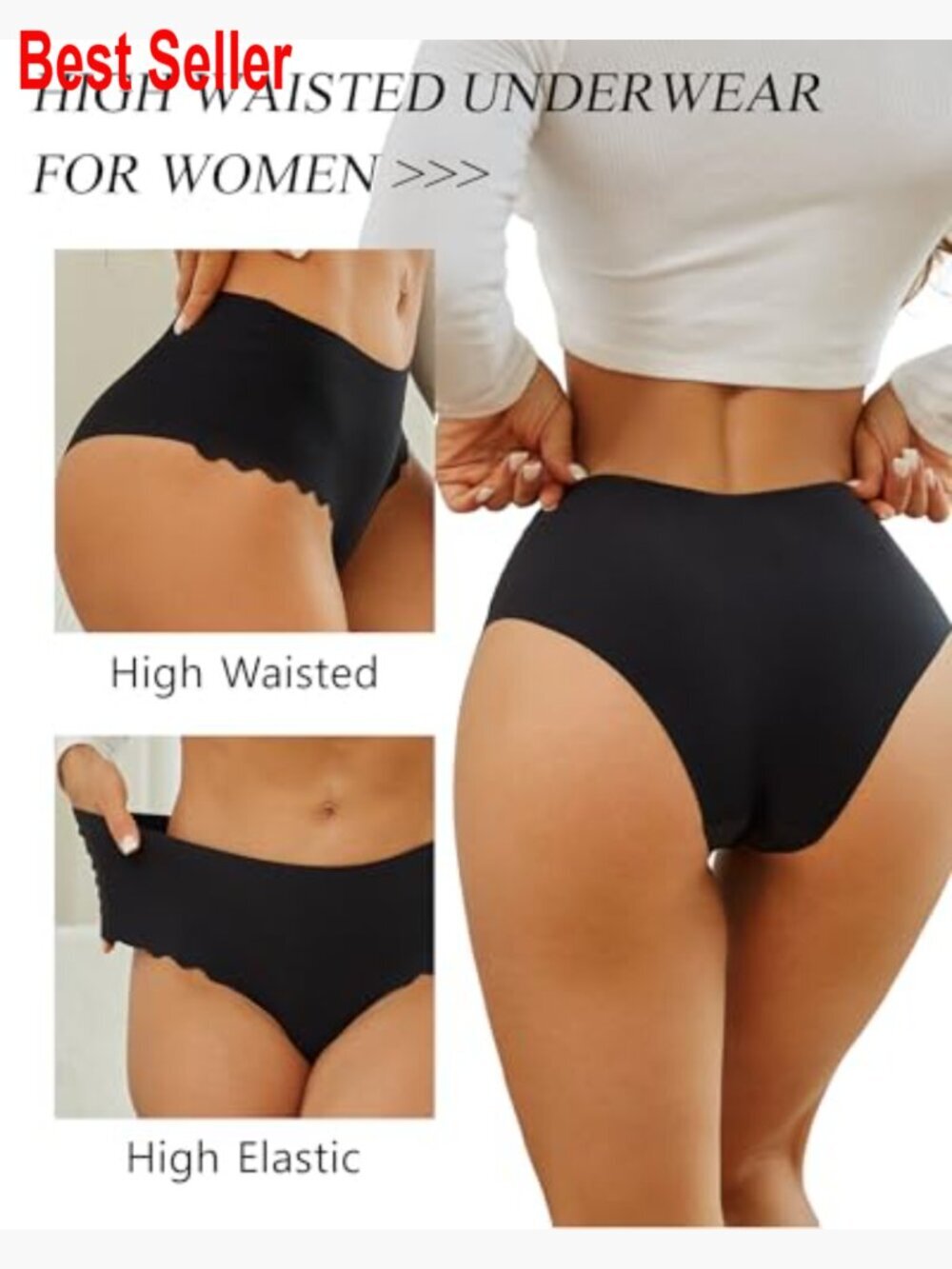 High Waisted Seamless Underwear No Show Panties Cheeky Scalloped Edge Bikini - Picture 4 of 7